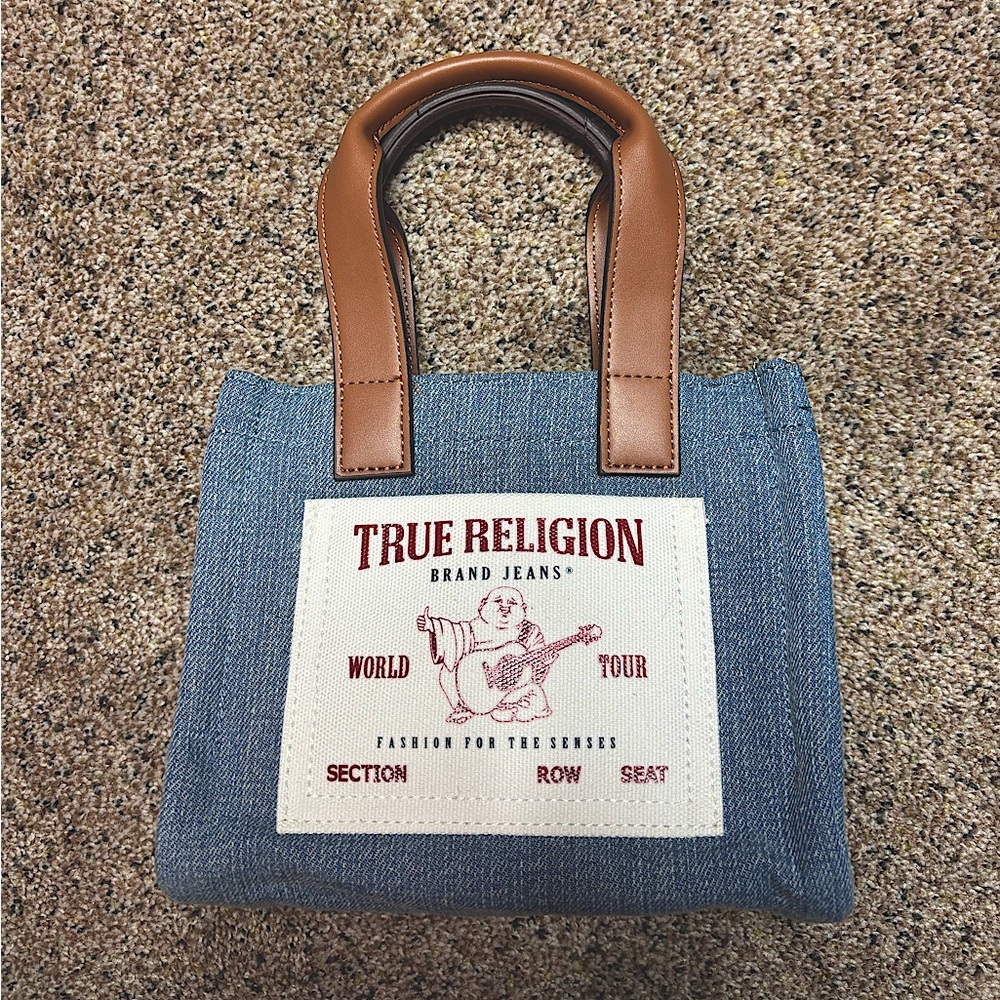 NWOT True Religion Denim Tote Bag with Brown Handles